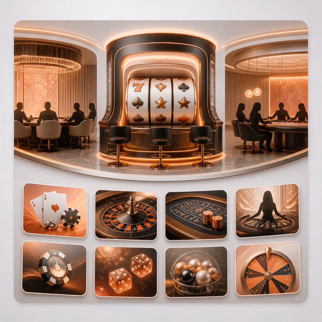 Casino game categories illustration with slots and live tables