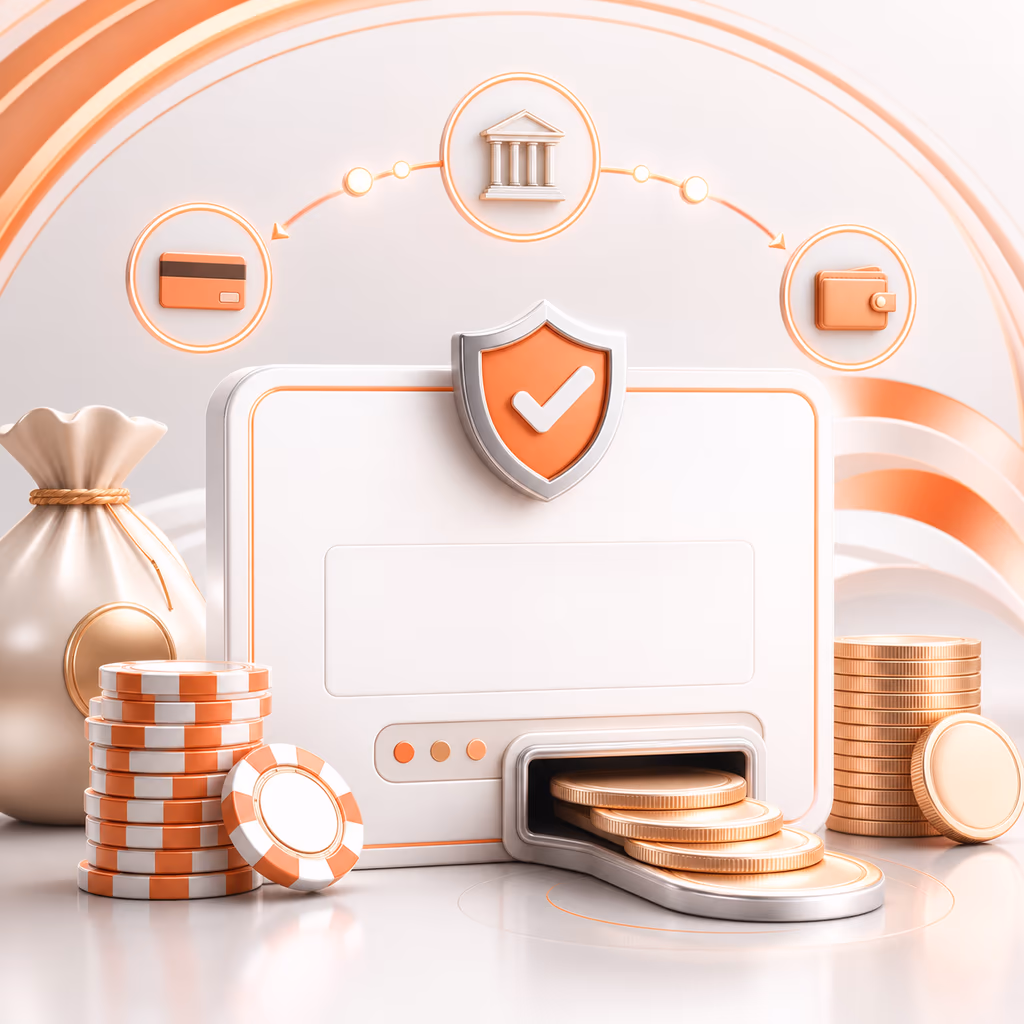 Casino withdrawal payout illustration with chips and verification mark